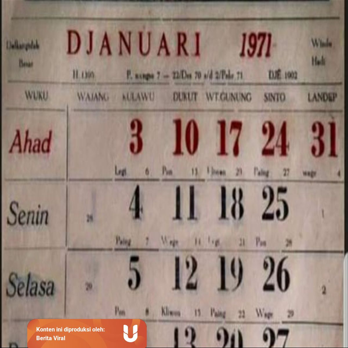  Kalender  Tahun  1971  Lengkap Dengan Weton Euaquielela